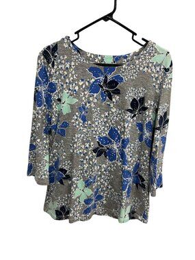 Coral Bay Large Gray Floral Long Sleeve Scoop Neck Top Artsy Coquette